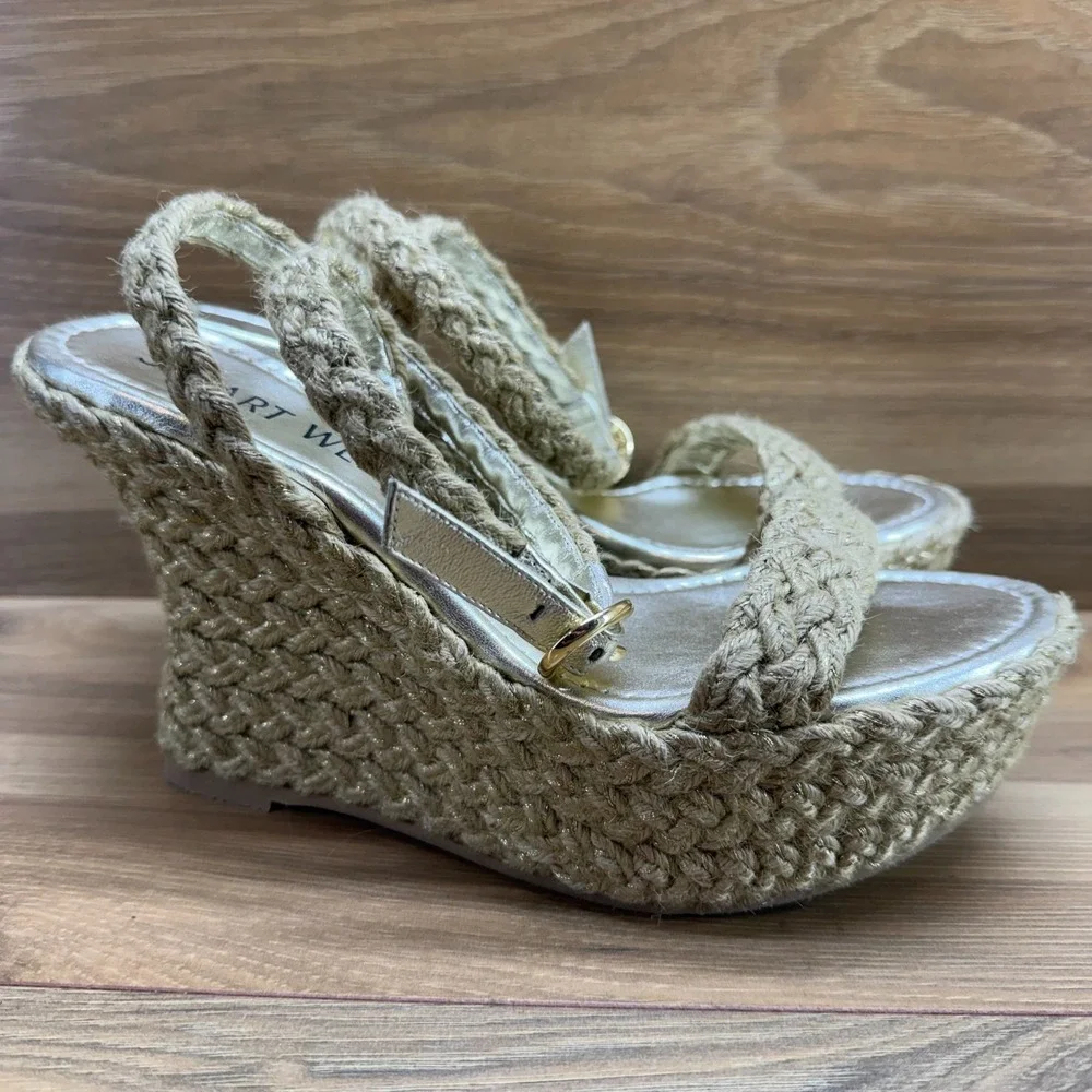 Stuart Weitzman Braida Wedge Heels 7 B Natural Jute Ankle Strap Platform - Picture 5 of 10